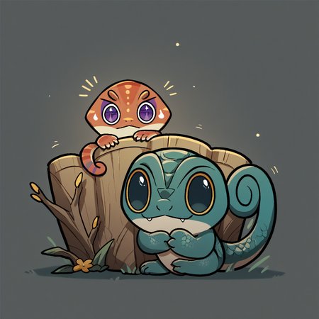 score_9, score_8_up,  <lora:critterPickHonkaiStar_v10:1> hcrpick, animal, no humans, chibi,  <lora:ChamChameleonPonyXL:0.4> Chameleon, lizard, feral, scales