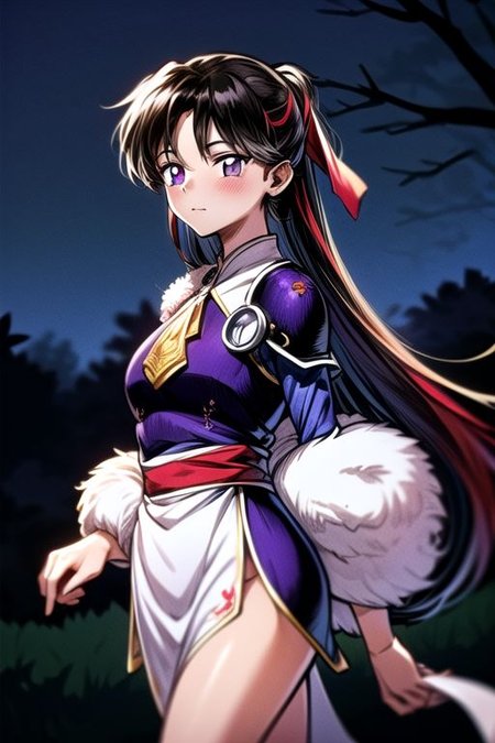 best quality 1girl Setsun4 solo long hair,  (night time) forest background black hair very long hair purple eyes multicolored hair armor, small, (fur trim) (medium body),<lora:EMS-179-EMS:0.800000>,<lora:EMS-293862-EMS:0.800000> bow, hair_bow, hair_tubes, red_bow, brown_hair, long_hair, bangs, ascot, frilled_bow, yellow_ascot, blush, smile, hair_between_eyes, athletic, armor, miko, ,(((intricate outfit,intricate clothes,embroidered outfit,ornate outfit,embroidered clothes,ornate clothes)))