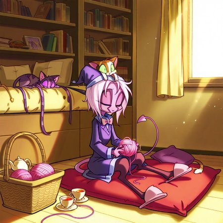 score_9, score_8_up, score_7_up,namah_calah,
1girl,solo,furry,tail, source_furry,horns,
 ,<lora:namah_calah_illustrious:0.8>,
child, kid, 
Dressing a Cat in a Tiny Hat,
cat, knitted_hat, bowtie, cushion, living_room, sunlight, yarn, basket, slippers, teacup, bookshelf, ribbon , 
a cozy living room bathed in warm sunlight. You gently place a tiny knitted hat on your cat’s head, its ears twitching under the yarn. A bowtie hangs loosely around its neck as it sits on a cushion, blinking at you with mild confusion. Slippers shuffle nearby, a teacup steams on the bookshelf, and the cat’s regal, slightly puzzled look is pure cuteness