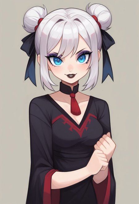score_9, score_8_up, score_7_up, masterpiece, best quality, detailed face, detailed eyes, suizilla, cute, 1girl, slim, delicate features, sensual glare, smile, pale skin tone,  blue eyes, makeup, dark lipstick, regal dressing, fur trimmed black dress, white hair with two buns, (hands down), BREAK half-sideways view, medium shot, BREAK simple background