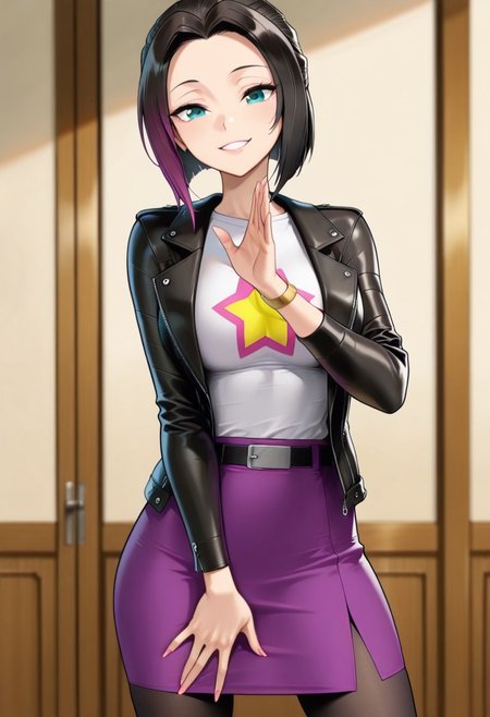 masterpiece, good quality, best quality, dynamic view, original style, screencap, TDPstyle
Zoe, blue eyes, black hair, purple tips, black leather jacket, white shirt, star shirt, purple skirt, black leggings, medium breast,
(solo, seducing, sexy pose, dynamic pose, looking at viewer, aroused,)