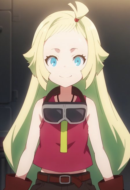 1girl, solo, long hair,  blue eyes, blonde hair, sleeveless, red shirt, belt, brown shorts, goggles, brown gloves,  goggles around neck,  <lora:PonyXL Memempu V1:1>,  score_9, score_8_up, score_7_up, score_6_up, score_5_up, score_4_up , anime coloring ,BREAK source_anime, anime,
looking at viewer, smile, upper body
indoors,
