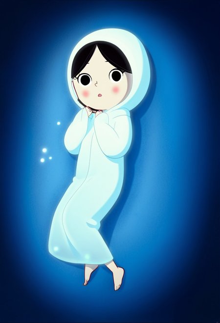 zPDXL3, source_cartoon, Perfect Hands, full body,
1girl, solo, sea bottom, looking at viewer, saoirse, black hair, black eyes, blush, ghost, hood up, robe, barefoot, glowing, lying under the sea, from above, lying on side, facing at viewer, feeling cold, eyes open, peaceful emotion, open mouth, sleeve past wrist, slim body, long body, highlight cloth wrinkle, anime style, dark blue background,
<lora:Perfect Hands:1>  <lora:Saoirse_-_The_Song_of_the_Sea-000009:1>