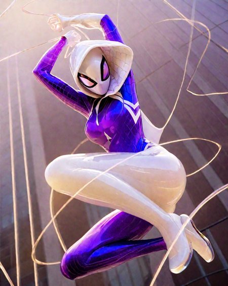<lora:ççå°å¥³xl1V10:0.75>,Spider Gwen,Gwendolyn Maxine Stacy,a girl formed of colored glaze,coloured glaze,realistic photography,female spider-man,Perched high on a city skyscraper,Spider-Man is illuminated by the twinkling city lights below. His figure is highlighted by the cool,diffuse light of the moon,close up,perfecteyes,jade,glass,translucent,white hooded purple eyes,the white mask,