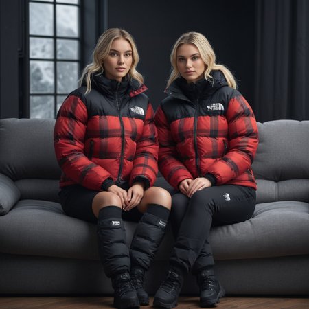 (full body shot) cute two nordic women wearing Tartan patterns  tnf_nuptse jacket and thick puffy double layered tnf_nuptse puffer salopettes, hyperdetailed photography,4k textures,intricate details,4k resolution   <lora:pufferdown_tnf_nuptse:0.5>, sitting on a couch, in a dark room, cinematic still