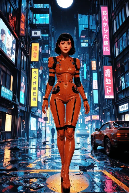 medium hair black hair young cyberpunk woman, anime, illustration, cyberpunk, futuristic, extremely detailed, portrait, standing, happy smile, beautiful cyberpunk tokyo buildings landscape, wet floor, windows, car, motorbike, moon in the sky, bright neon lights, screen holograms, kanjis, raytracing, hdr, high contrast, cinematic lights, backlight, reflections, legs, heels, sharp focus, luminous Tiger Orange robot glossy brilliant armor, body lights, body circuits, glossy lipstick, necklace, gemstone earrings, colorful, retrowave, shadows, vibrant colors, colorful, bright, pretty, beautiful, feminine, sexy, lovely, in love, adorable, fashion, <lora:Hand v2:1> <lora:Anti-Blur:2> <lora:Insane Detail Slider:0.5>  <lora:flux.1_lora_flyway_Epic-detail_v2:0.3><lora:fluxenhancer:0.5> <lora:RetroAnimeFluxV1:0.3> <lora:CPA:0.6> <lora:Luminous_Shadowscape:0.3>  <lora:Neon_Noir_FLUX:0.4> mad-neon-noir  <lora:bv-cybstyenh-v1_rank16_bf16:0.3>