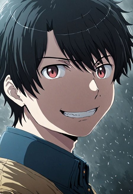 high resolution, solo, best quality, 1Boy, Inaho Kaizuka, Black Hair, portrait, looking at viewer, focused gaze forward, upper body, head upright, angry, smile, OverallDetail