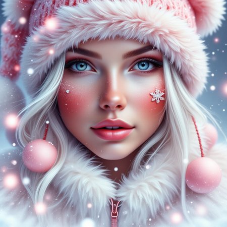 Contrail, mosaic, Fantasy realism, Storybook Illustration, double exposure, delicate detailed inspired by [Artgerm, Brian M  Viveros, Esao Andrews], light pink | white stripes, sharp focus, triadic colors, gorgeous girl, peachy lips, snow suit, light pink teddybear santa hat, small snowflakes , dynamic pose, luminism, magic light rings, bioluminescence, 32k