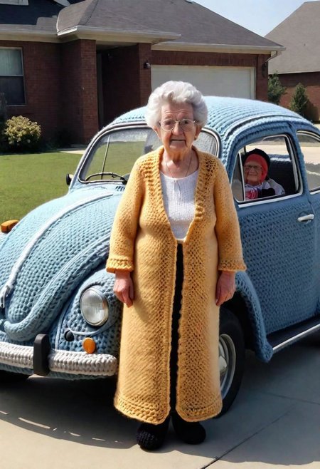 Crocheted Grandma standing beside a Volkswagen Beetle