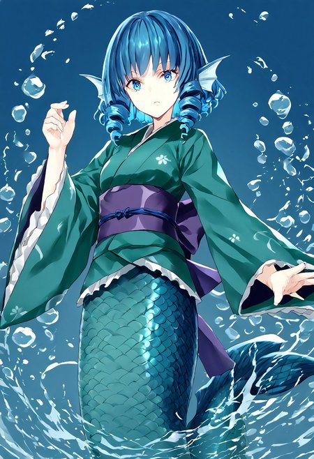 score_9, score_8_up, score_7_up, score_6_up, score_5_up, score_4_up, source_anime, 1girl, solo, 
mlsllw, wakasagihime, blue eyes, medium hair, blue hair, drill hair, drill sidelocks, mermaid, head fins, print kimono, green kimono, frilled kimono, obi, purple sash, blue sash, lace, short_hair, long_sleeves, blue_eyes, frills, blue_hair, wide_sleeves, sash, japanese_clothes, obi, kimono, mermaid, drill_hair, green_kimono, head_fins, frilled_kimono, drill_sidelocks, 
masterpiece, best quality, very aesthetic, absurdres,