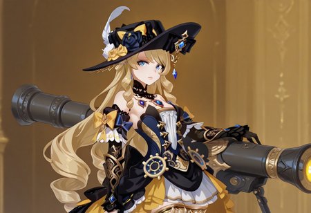 masterpiece, best quality, amazing quality, intricate details, dr3adsp1re, solo, looking at viewer, navia, fancy dress, ornate details, weapon, rocket launcher,