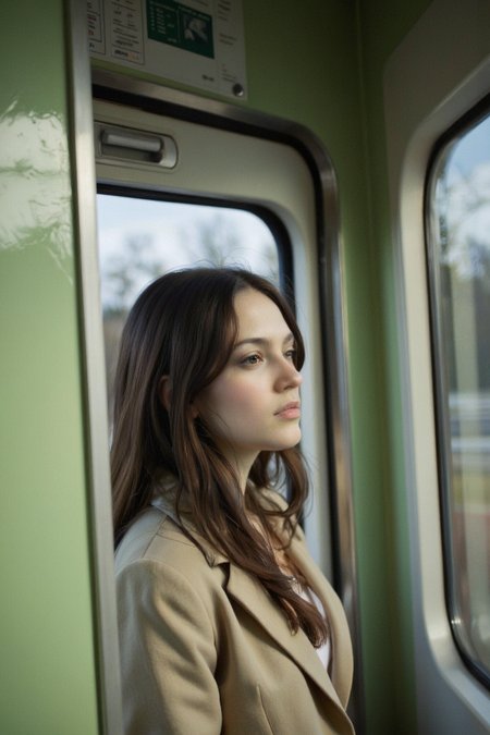 By Bruno Dayan. A photo-realistic shoot from a profile camera angle about a woman with long hair looking out of a train window. the image features a young woman with light skin and dark brown hair, who appears to be in her early twenties, standing in the middle of the frame. she is facing the viewer, looking to the side with her brown eyes. the woman is wearing a beige blazer, which is slightly blurred, giving a sense of depth to the image. her hair is styled in long hair, and she has a serious expression on her face. the background of the image is a train interior with green walls and a window with a blurred view of the outside. the lighting is soft and natural, casting gentle shadows on the woman's face and upper body. the overall effect is one of calmness and serenity.