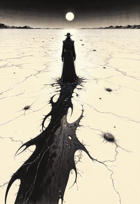 (in Otomo Katsuhiro style:1.2), high-quality, masterpiece, A figure standing in the center of a vast, empty desert, their body casting a long, distorted shadow that bends and twists unnaturally across the sand, Style is Surreal and abstract, Lighting is High contrast with harsh desert sun, Elongated shadows, distorted light, desert minimalism, sharp contrasts, Charcoal Sketch, (elaborately detailed attire with extraordinary elements:1.1), (hyperdetailed:1.1), (intricate details:1.0), (Refined details:1.1), (best quality:1.1), (high resolution:1.2)