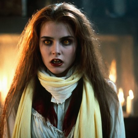 Horror-themed,  <lora:Fright Night 1985 Film Style:1>
Cinematic Medium closeup Shot, Film Footage captured by Panavision Cameras and Lenses, young vampire human, Amy a vampire woman with messy long red brown hair and a white scarf dress and yellow black lenses and vampire fangs teeth, staring at camera with angry looking face and open vampire mouth  in a dark room in front of camera with perfect dramatic dim light on, Fright Night 1985 Film Style, Eerie, unsettling, dark, spooky, suspenseful, grim, highly detailed
