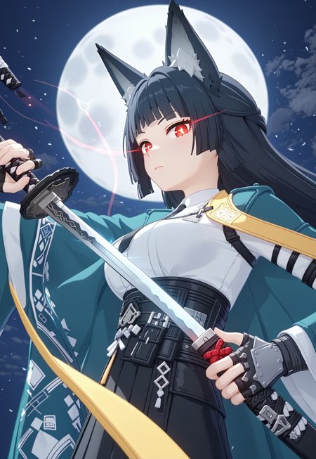 detailed background, 
<lora:zzzmiyabipony:1>
zzzmiyabi, NEGATIVE_HANDS, glowing eye trail, holding sword unsheathing, from below, bright moon, looking at viewer, from side,
