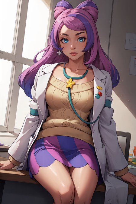 (masterpiece, best quality, absurdres, 4k, aesthetic, detailed, intricate, perfect lighting),1girl, miriam (pokemon),multicolored hair, v shaped eyebrows, lab coat, sweater, skirt  <lora:PKMN_Miriam-DEF:0.7>
