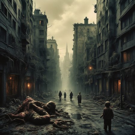 high quality, 8K Ultra HD, This artwork envisions a metropolis where elements of nightmarish surrealism converge into a scary, gore, horror scene, (zombies roaming around town:1.5), Escher's influence is subtly incorporated, transforming the city into an intricate, mind-bending spectacle, Stark contrasts between light and dark enhance the dreamlike quality of the scene, creating an unsettling yet captivating urban horrific dreamscape, photorealistic, ultra realistic
