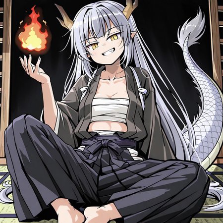 lazypos, girl focus, horns, sarashi, tail, solo, pointy ears, yellow eyes, 1girl, barefoot, smile, sitting, japanese clothes, dragon tail, looking at viewer, fire, grin, long sleeves, collarbone, head tilt, dragon horns, chest sarashi, open clothes, grey hair, fingernails, dragon girl, slit pupils, hakama, pants, hand up, wide sleeves, tsuzustyle, bWVy