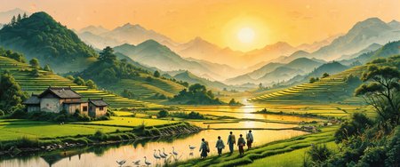 Traditional Korean calligraphy brush painting depicting a verdant rice terrace landscape at sunset, rendered in sumuk ink with subtle hanji paper texture visible beneath. Terraced paddies reflect golden sunlight, creating a geometric pattern across hillsides. Mountain silhouettes in distance fade into misty atmosphere using traditional Korean spatial perspective. Farm buildings with ondol heating chimneys nestle between fields. Farmers in traditional hanbok returning home with A-frame jige backpacks, capturing rural jeong sentiment. Delicate crane pair wades in paddy water. Rich obangsaek color palette transitions from vibrant greens to amber hues. Elegant red chop seal in corner with minimalist calligraphy. Balance of detailed foreground elements with nebulous background mountains. Captures essence of traditional Korean agricultural heritage with authentic Joseon dynasty painting techniques. <lora:Synesthesia:0.4> <lora:Vintage comic book:0.7> <lora:CPA:0.2> <lora:boFLUX Double Exposure Magic v2:0.6> <lora:flux_dev:1>
