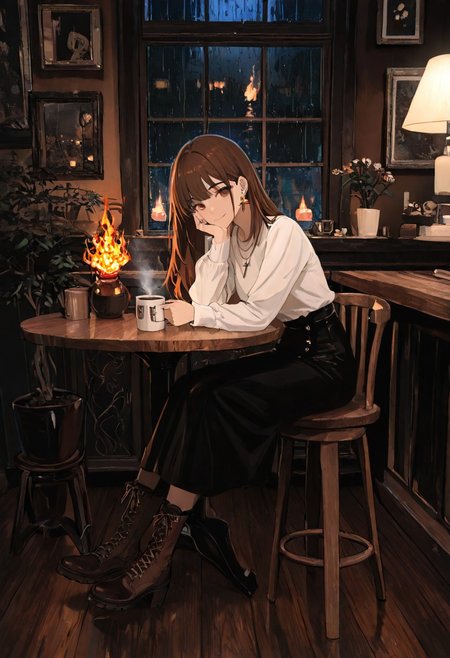 masterpiece, best quality, good quality, very awa, newest, highres, absurdres, 1girl, solo, long hair, looking at viewer, smile, shirt, skirt, brown hair, long sleeves, holding, closed mouth, jewelry, sitting, brown eyes, white shirt, full body, flower, earrings, boots, indoors, black skirt, black footwear, necklace, bag, cup, window, night, brown footwear, chair, table, plant, fire, holding cup, steam, hand on own face, cross-laced footwear, reflection, rain, head rest, wooden floor, mug, hand on own cheek, potted plant, lamp, hand on own chin, stool, coffee, picture frame, vase, coffee mug, drawing \(object\), cafe, wooden table, fireplace, limited palette,