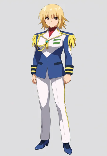 score_9, score_8_up, score_7_up, score_6_up, score_5_up, score_4_up, BREAK, source_anime,
1girl, cagalli, blonde hair, brown eyes,
commander, epaulettes, military uniform, white pants, blue shoes,
standing, full body, smile, looking at viewer, solo, simple background, white background      <lora:CagalliYulaXL:1>