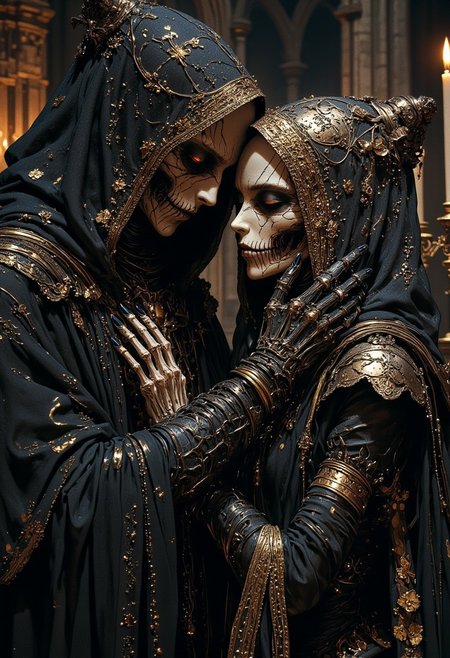 extremely detailed, A haunting close-up of two figures in an eerie embrace, their faces nearly touching, hidden beneath the deep shadows of ornate hoods. Their elegant, tattered gowns flow like liquid darkness, adorned with intricate embroidery that shifts subtly, as if alive. One figure's skeletal fingers, wrapped in delicate lace gloves, gently trace the other’s porcelain-like cheek, where cracks spread like veins. Their eyes, luminous and unnatural, pierce through the gloom with an eerie intensity. The air is thick with an unsettling mist, swirling around them as dim candlelight flickers, casting elongated shadows on the cold stone walls. The background is blurred, but faint outlines of gothic arches and twisted iron candelabras hint at a decaying cathedral, where whispers seem to linger just beyond perception. Extreme close-up shot, cinematic composition, deep contrast between the softness of the fabric and the unsettling details of their almost-human forms.