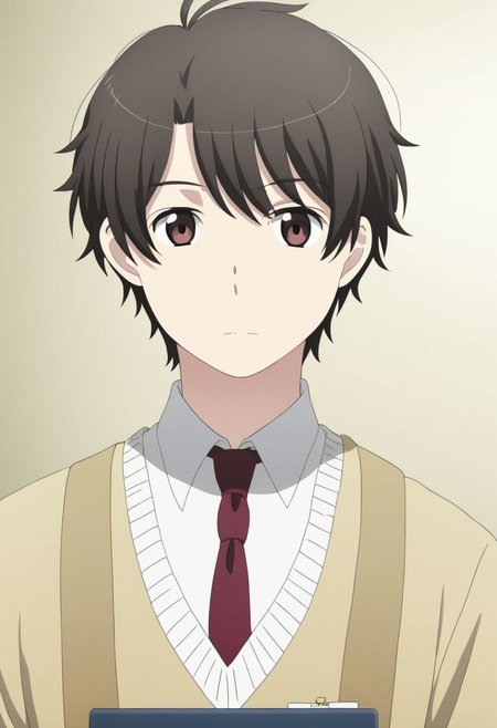 high resolution, solo, best quality, 1Boy, Inaho Kaizuka, Black Hair, Brown Eyes, school, school uniform, OverallDetail