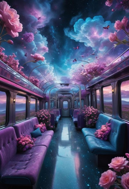 Hyperrealistic train detailed with blooming flowers, ethereal cloud animals with shimmering outlines, passengers gazing in awe, vast sky with swirling galaxies, cosmic colors (purples, blues, pinks), dramatic lighting, mystical atmosphere