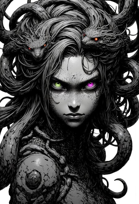 nistyle, This image is a black-and-white manga sketch depicting a goddess with snake-like hair. The lines are bold and expressive, capturing the mesmerizing contours of her face and the sinuous forms of the serpents that frame her head. Her features are strikingly beautiful, with an air of danger that emanates from her piercing eyes, which are rendered in deep shades of purple and green, providing a stark contrast against the monochrome palette.
The goddess’s skin is detailed with intricate textures, showcasing dark, cracked patterns that suggest an ancient, otherworldly presence. Shadows and highlights play across her face, enhancing her haunting allure. The snakes, coiling and twisting around her, possess minimal color highlights in their eyes, which glow eerily, drawing the viewer's attention and adding a touch of life to the otherwise grayscale composition.
The background remains simple and abstract, allowing the focus to remain on her enchanting yet intimidating gaze and the dynamic forms of the snakes. The overall mood is one of dark fantasy, combining beauty and horror, creating a striking visual that captivates and intrigues.