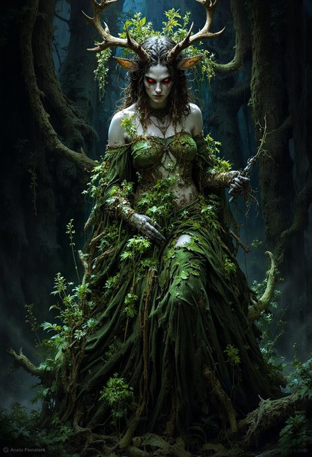 An evocative dark fantasy illustration by Anato Finnstark and Greg Rutkowski. The central figure is a once-elegant forest nymph, now corrupted by sinister forces. She has deer-like attributes, a pale complexion, glowing red eyes, and jagged antlers. Her once-lush attire is now tattered and overgrown with the very greenery that she once represented. The background is dark and foreboding, reflecting the nymph's lost beauty and anger. The overall atmosphere is cinematic and conceptual, immersing the viewer in a world of dark fantasy., cinematic, conceptual art, dark fantasy