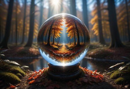Crystal ball containing a forest ablaze with autumn colors, 
under a pristine blue sky, 
mysterious ambiance, 
capturing the essence of fall, 
sharp reflections, 
perfect clarity, 
dramatic lighting, 
ultra clear., 
Mysterious