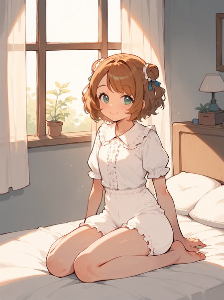 score_8_up, score_7_up, score_6_up, source_anime, 1girl, solo, bedroom, on bed, window, curtains, sunlight
smile, 
frilly shirt, thighs
bloomers,  <lora:Bloomers:1>