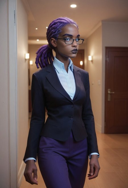 score_9_up, score_8_up, score_7_up, (source_photo, explicit photography, photo, realistic, photography, real life) cinematic shot, dynamic view, ambient light, female, BREAK, h3l3n3, dark-skinned female, very dark skin, breasts, black lips, medium breast, purple hair, purple eyes, dreadlocks, secretary suit, business suit, glasses, lipstick, walking, corridor, serious, bored, sexy walk,