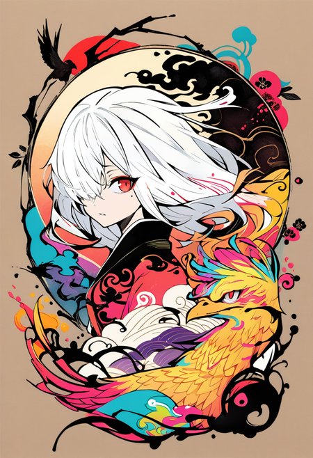 masterpiece, best quality, <lora:banpaiakiraXL_ANI31_lokr_V3236:0.95> (illustration), looking at viewer,colorful,from side,((chinese colorful ink)),flat color,(phoenix:1.5,bird:1.3),sunset, standing on a building,
(1girl:1.2),detailed long white hair + red eyes,detailed face,full body, (white hair:1.4), (mole under eye:0.9), squinting,eyeshadow, hair ornament, small breasts,((kimono)), cold face,long floating hair,,hair over one eye\\,
(portrait),((ink splashing)),((chinese colorful ink)), ((Chinese color ink painting style))
upper body,(white hair +red eyes),(cute face:0.95),(detailed beautiful face:0.95),colorful painting,
(Floating),(Amazing),(Absurd),((sharp focus)), ((extremely detailed)), ((high saturation)),((surrounded by color ink splashes)),((extremely detailed body)),((colorful))