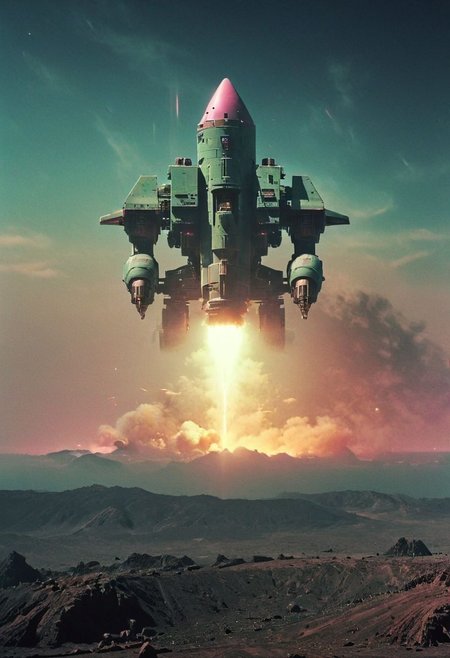 pastel neon niji colors, terraforming mecha-Pyramid Like drdnght machine hovering above planet earth 20000 bc. shooting rockets like a rocket launcher, By YMji Shinkawa,
.atmospheric haze, Film grain, cinematic film still, highly detailed, high budget, cinemascope, moody, epic, OverallDetail, gorgeous, 2000s vintage RAW photo, photorealistic, candid camera, color graded cinematic, eye catchlights, atmospheric lighting, skin pores, imperfections, natural, shallow dof,