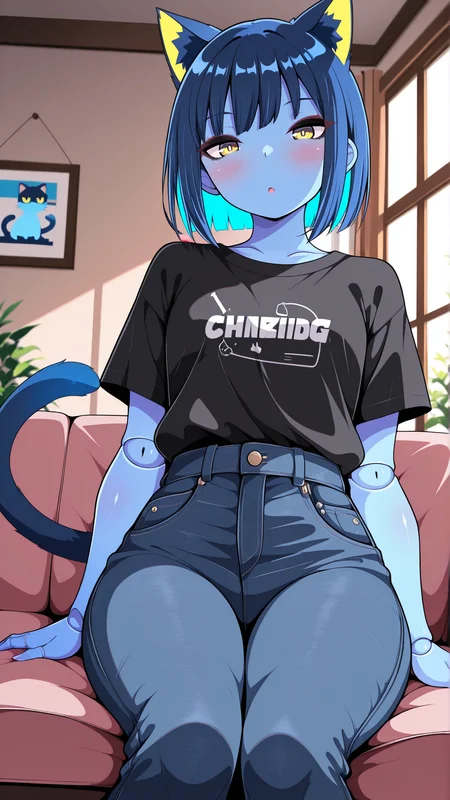 masterpiece, best quality, amazing quality, absurd res,
Flatline, Flat vector illustration, masterpiece, best quality, good quality, very aesthetic, absurdres, newest, 8K, depth of field, focused subject, dynamic closeup angle,
 <lora:Capek_mrbalderus_for_Illustrious:0.7> 1girl, c4pek, cat ears, cat tail, short hair, colored skin, blue skin, yellow eyes, joints, blue hair, black eyeshadow, medium hips, short, dark blue ears, dark blue tail, gold inner ear, 
 shirt, jeans, indoors, living room, window, sitting on couch,
 <lora:Chinzurena_Style_for_Illustrious:1> chinzurena_style