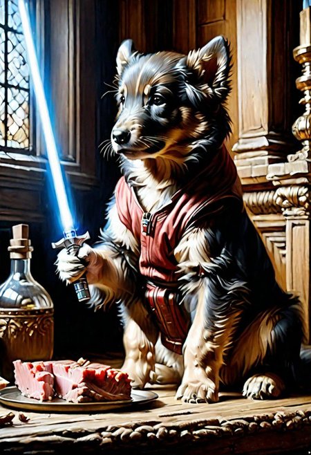 puppy wolverine Obi-Wan, grilling beef on light saber, 
Oil Painting, 
(Renaissance Paintings, Renaissance style, beautiful, painterly, detailed, textural, artistic),  (((intricate details, highly detailed, ultra-detailed, absurdres))), (unreal engine, octane rendering, Anti-Aliasing, sharp focus, natural lighting, high saturation, high contrast, vivid, vibrant, studio lighting, best texture quality), beautiful detailed scenery,
Style-Renaissance