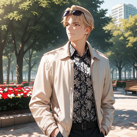 masterpiece, best quality, amazing quality, absurdres, newest, detailed background, definition so sharp, Ultra-HD, 8K cinematic, very awa, impressionate, amazing quality, highres, 
solo, male focus, manly, 
1boy, short hair, izumo_blonde, izumo_brown eyes, izumokusanagi, sunglasses \(on head\), stylish outfit, light jacket, patterned shirt, urban park, daytime, sunlight, dappled light, blooming flowers, pleasant atmosphere, approachable, laid back, standing, hands in pockets, confident posture,