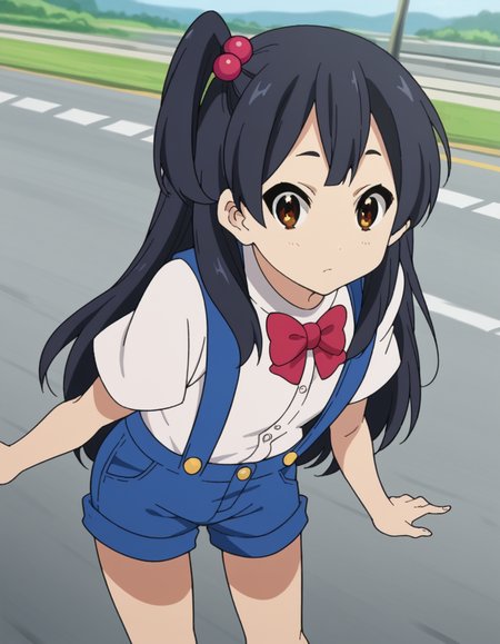 score_9, score_8_up, score_7_up, source_anime, <lora:anko-kitashirakawa-s1-ponyxl-lora-nochekaiser:1>, anko kitashirakawa, long hair, black hair, hair ornament, brown eyes, one side up, hair bobbles,, suspenders, shirt, white shirt, bowtie, red bowtie, buttons, shorts, blue shorts,, road, cars, asphalt, travel, speed, , leaning forward,, looking at viewer, solo,, dutch angle, cowboy shot