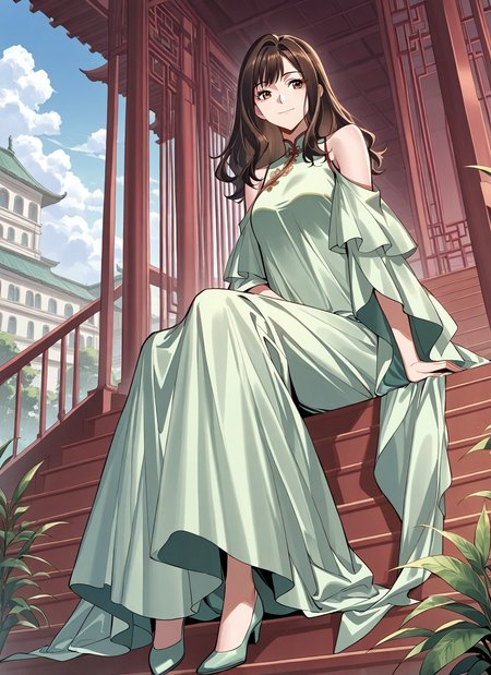 <lora:Lu_Luo:1>
1 girl, solo, long hair, brown hair, brown eyes, bangs
chinese clothes, green dress, bare shoulders, shoulder cutout, clothing cutout
score_9, score_8_up, score_7_up, very aesthetic, source_anime, detailed, high quality, beautiful, masterpiece, detailed eyes, mansion, plants, flowers, clouds, light smile, dynamic angle, full body, sitting on stairs