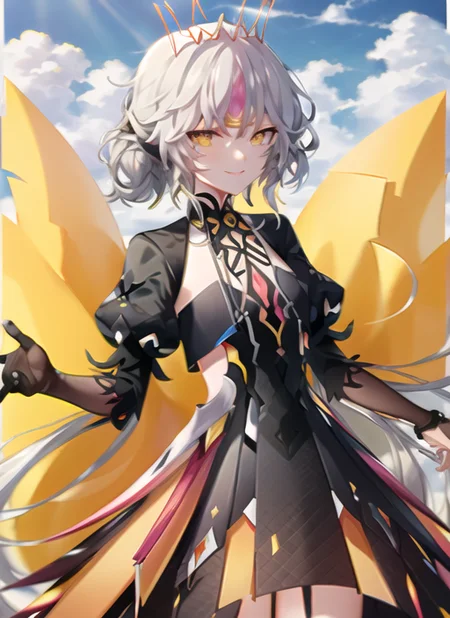 <lora:eve1-000009:1>, antithese1, upper body, smile, outdoors, simple background, sky, day,