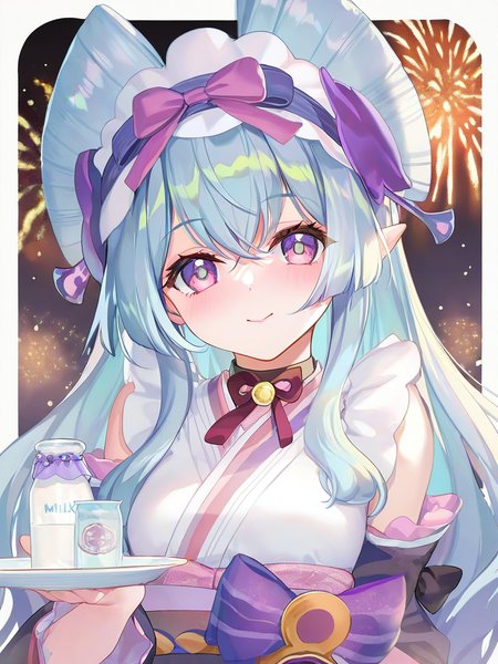 blush,purple ribbon,white kimono,solo,milk bottle,small breasts,white border,nihongami,yumemizuki mizuki,holding plate,black choker,@ @,smile,1girl,chibi,white hairband,purple bow,star in eye,chinese text,closed mouth,frilled hairband,fireworks,highres,looking at viewer,simple background,detached sleeves,(artist:atdan:0.9),(artist:torino_aqua:0.8),(artist:izumi_tsubasu:0.9),(artist:kedama_milk:1.05),(artist:nardack:0.75),(artist:ke-ta:0.95),(artist:toosaka_asagi:0.7),(artist:sho_(sho_lwlw):0.8),(artist:as109:0.8),masterpiece,best quality,amazing quality,very aesthetic,absurdres,<lora:yumemizuki_mizuki_v1-000010:1>,