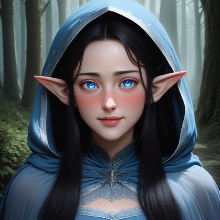 score_9, score_8_up, score_7_up, source_anime, expressive, anime, Artist speedlines, dynamic, 1girl, Arwen_Undómiel,tolkien's_legendarium, BREAK, Arwen\(Lord_of_the_Rings\),  Arwen, elf, pointy ears, blue eyes, black hair, long hair, sidelocks, 1woman, blush, blushing, embarrassed, sensual, horny, longing,  blue dress, lace, see-through, blue cloak, blue hood, detailed eyes, blushing, horny, uncensored, source_hentai steam, full-face_blush, happy horny, in_the_woods, Lothlórien, forest
