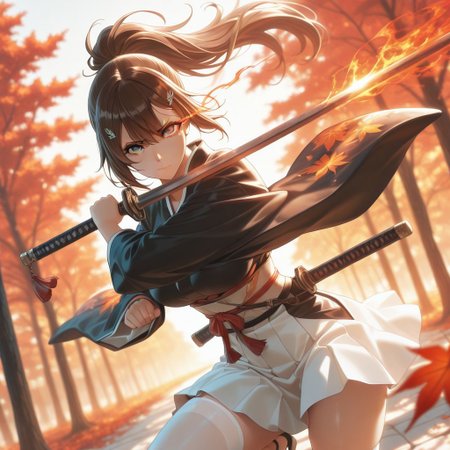 masterpiece, best quality, amazing quality, vslinxbleachtybw style, absurdres, perfect face, detailed face, eye_focus, 4ur4_illu,shiny,
(Girl:0.0), 1girl, cute, attractive, brown hair, long hair, ponytail, bangs, hairclip, grey eyes, ultra-detailed anime eyes, eye trail, large breasts, kimono, dark kimono, Wide sleeves, sash, obi,  white skirt, white knee high stocking, sandals, katana, sheathed,
(Pose:0.0), ((looking at viewer)), fighting stance, windy, dynamic pose, dynamic composition, katana,
(Emotion:0.0) serious, eyes open, closed mouth, furrowed brow, 
(Scene:0.0), cowboy shot, from front, dutch angle, outdoors, windy, maple tree, maple leaves, scenery, detailed background, depth of field, flame_theme, dark_theme, detailed backgroud, aesthetic,