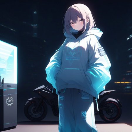 a cyberpunk hacker girl standing outside of a futuristic ramen shop next to her parked high tech motorcycle, she is wearing baggy holographic pants and hoodie, and a digital rebreather, digiswag, high quality, high resolution