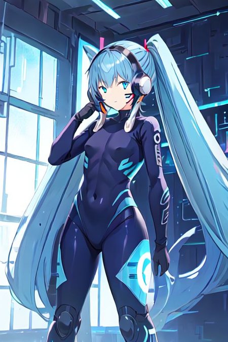 solo, 1girl, solo_focus, 
hermit mio, long hair, blue eyes, twintails, very long hair, blue hair, facial mark,, headphones, gloves, bodysuit, covered navel, pilot suit,