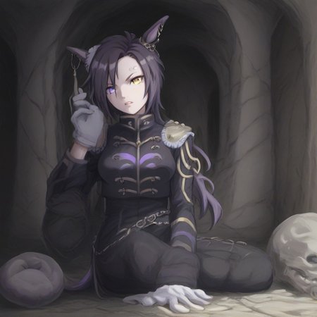 (Naruto_Manda, hybrid snake human, horse tail, sharp teeth, horse ears, ear ornament, single ear cover, horns, heterochromia, purple eyes, yellow eyes, black jacket, epaulettes, aiguillette, long sleeves, white gloves, black pants, eyebrow piercing, ear piercing,((1girl ,1women)) , female,  ),purple religious tunic, sleeves, hood, scaly skin, , green eyes, reptile eyes, inside cave, human bones on floor, jewelry, holding human skull, airshakurprime, low wings,