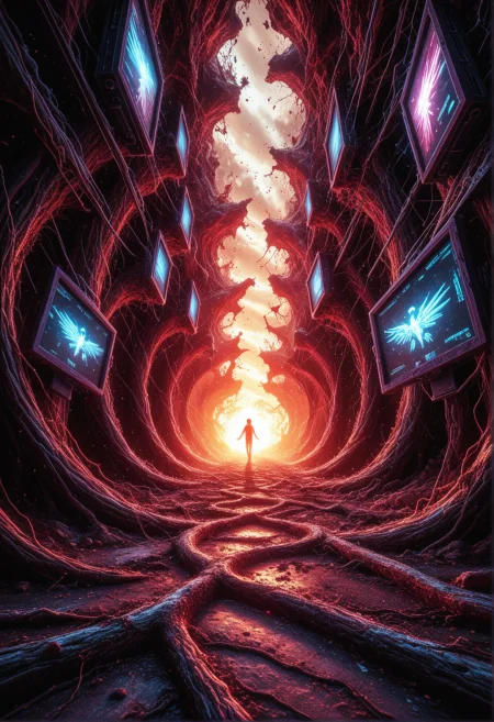 dark silhouette of a dissolving winged figure walking towards the viewer with glowing eyes, imploding white neutron star in the background, stark cyan backlighting, canyon environment disintegrating into particles floating upwards, arcs of lightning tear the heavens apart, the rusty ground is breaking, (high contrast, highly detailed, chromatic aberration, glitching, angel, screen tearing, displacement artifacts:1.4) <lora:p_Blood_Forest_absurd_reality> <lora:xl_glitch_blood_APOC> <lora:xl_spo_sdxl_10ep_4k-data_lora_webui>