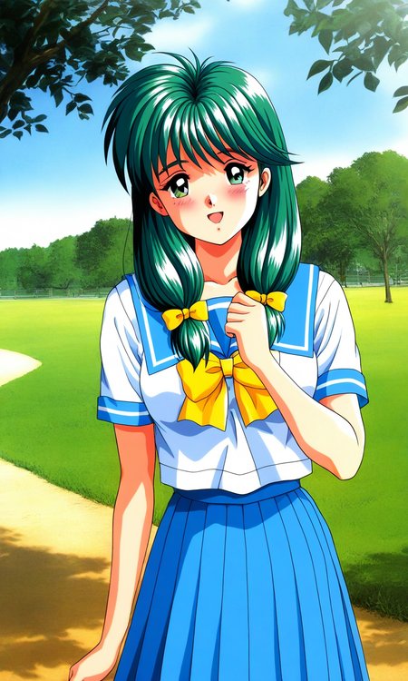 general,highres, ultra-detailed,very aesthetic,best quality ,best hands, BREAK <lora:Kisaragi_Mio_Tokimeki_Memorial_Ver2.0_IS:1>blush, happy,
Kisaragi_Mio(Tokimeki_Memorial), 1girl, solo, green hair, twintail, long hair, green eyes, hair over shoulder, Yellow bow, hair bow, low-tied long hair, medium breasts, 
blue school uniform, serafuku, jewelry, yellow bow, Yellow bow, blue skirt, blue sailor collar, pleated skirt, short sleeves, 
outdoor, tree, sky,