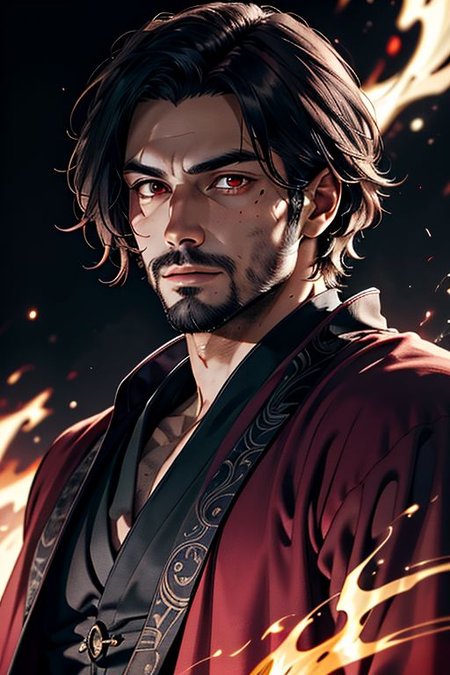 Master piece, highest quality, highest possible OverallDetail, red eyes,
Create an elder of a demonic sect.
The character looks like he is in his late twenties or early thirties. He is handsome.
He has black shoulder-length shaggy hair. 
His outer robe is black and the inner robe is dark red. 
no beard 
His eyes are dark red. Detailed face. Red robe.